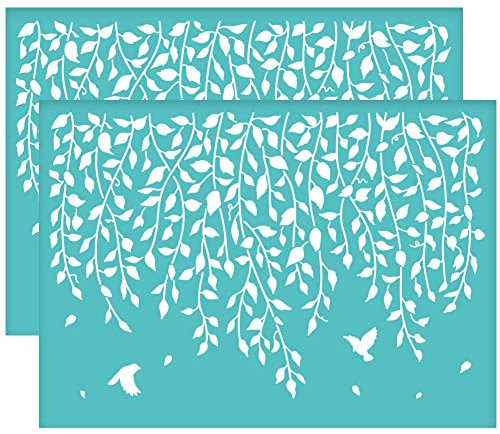 OLYCRAFT 2 Stück Selbstklebende Siebdruckschablone Mit Ranken Und Vogelmotiven Pflanzenmotiv Siebdruckschablone Wiederverwendbare Netzschablonen Transfer Für DIY T Shirt Stoffmalerei - 19.5x14cm