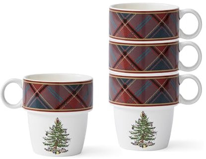 Spode Christmas Tree Tartan Stacking Mugs, Set of 4 – Festive Tartan Design Coffee Cups, 10oz Earthenware for Holidays, Colorful & Fun Stackable Cups, Great Gift for Seasonal Celebrations