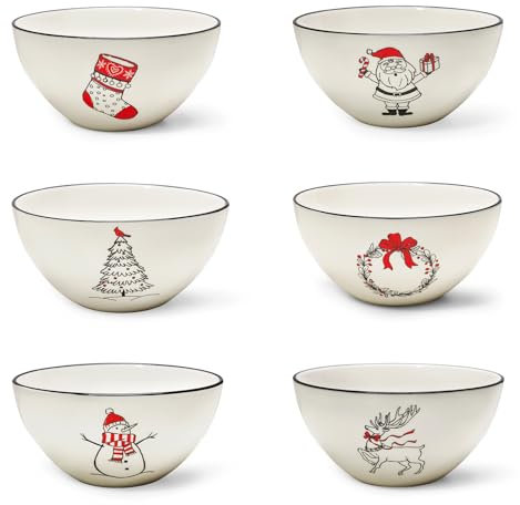 LEHAHA Keramik-Weihnachtsschalen-Set, 6 Stück, 15,2 cm, Weihnachtsmann, 652 ml, Müslischalen für Küche, Porzellan-Dessertschalen auch ideal für Suppe, Dessert und Reis, spülmaschinen- und