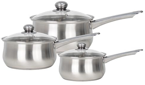 Stainless Steel Saucepan Set Tempered Glass Lid with Steam Vent -Stainless Steel Steamer 3 Tier -3Pcs saucepans Sets for Induction, Gas & Electric Hobs -(16cm,18cm,20cm) (Saucepan Metal Handle)