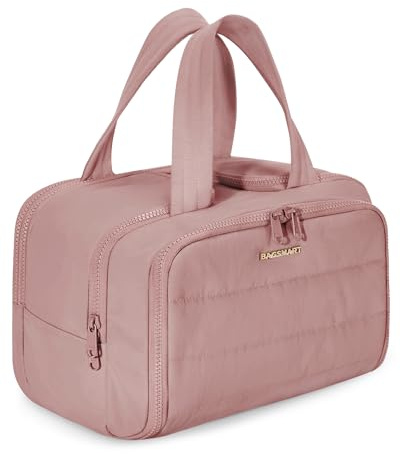 BAGSMART Travel Toiletry Bag, Lightweight Large Wide-open Travel Bag for Women, Puffy Cosmetic Makeup Bag Organizer with Handle for Accessories,Essentials, Toiletries, Dark Pink