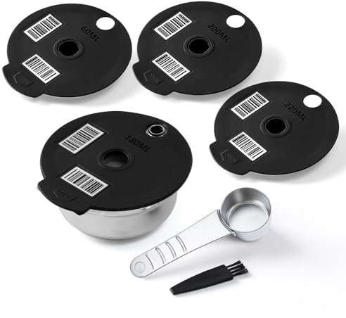 RECAFIMIL Wiederverwendbare Tassi*mo-Pads Kompatibel mit Bosch Tassi*mo-Maschine Nachfüllbare Tas*simo-Kaffeepads aus Edelstahl mit 4 schwarzen Silikondeckeln 60/180/200/220 ml