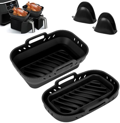 Silicone Air Fryer Liner for Ninja Dual Pot, Lycasia 2 PCS Reusable Foldable Air Fryer Silicone Liner with Silicone Gloves, Air Fryer Accessories for Ninja AF300/AF400/AF451 (Black)