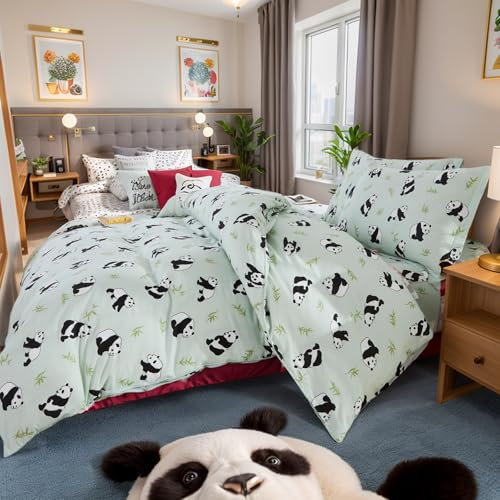 Brandream Bettbezug, volle Größe, 100 % Musselin-Baumwolle, Panda-Grün, für Mädchen, Jungen, Kinder, Bettwäsche-Set, 3-teilig, ultraweich, atmungsaktiv, für Teenager, Kinder, gemustert