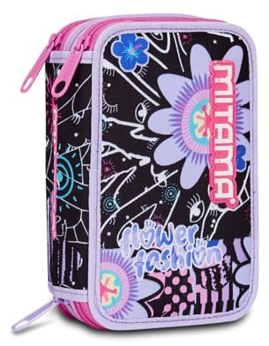Mitama Flower Fashion Schulmäppchen mit 3 Fächern, Inhalt 47 Stück, komplett mit Bleistiften, Filzstiften, Stifteköcher für die Grundschule für Mädchen, Lila, Taglia Unica, Federmäppchen mit 3