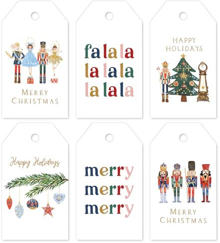 Whaline 90Pcs Nutcracker Paper Gift Tags Merry Christmas Watercolor Nutcracker Hanging Labels with Hemp Rope for Xmas Holiday Present DIY Crafts, 6 Designs