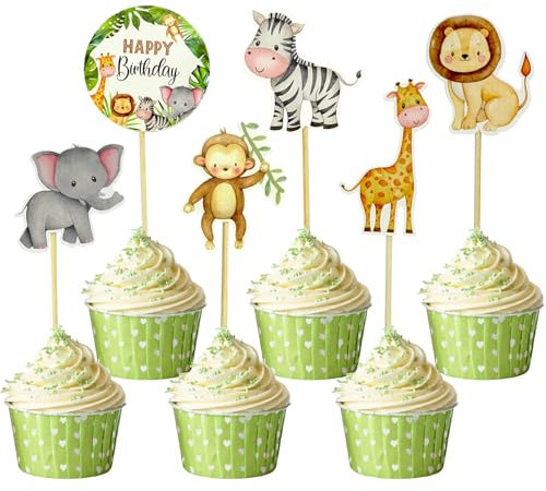 30 Stück Muffin Deko Dschungeltiere Cupcake Deko, Muffin Deko Mädchen Cupcake Topper Tortendeko Dschungel,Muffindecoratie Cupcak e Deko Junge,Happy Birthday Kuchendekoration für Kinder