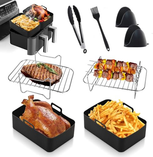 Air Fryer Accessories Essentials 8pcs for Ninja Foodi AF500UK AF400UK Tower T17088 7.6L-9.5L Dual Zone Air Fryer - Including Reusable Silicone Airfryer Liner Grill Cookbook Gloves for Home Cooking
