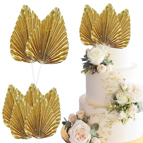 Ephlyn 6 decorazioni per torte a ventaglio con foglie di palma e foglie di palma, decorazioni per torte fai da te, decorazioni per torte per baby shower, matrimoni, feste di compleanno, colore: oro