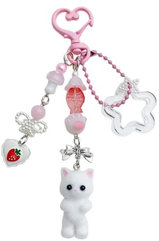 Bzzerumy Joli porte-clés en peluche en forme de chat avec nœud en forme de cœur et breloque en forme de fraise, décoration moelleuse, cadeau parfait pour les amoureux des chats, petite amie, style