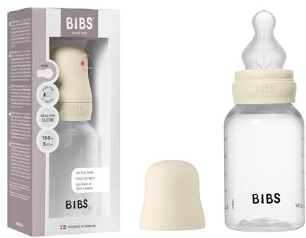 Biberon Baby BIBS 150 ml - Tettarella in silicone - Anti-coliche, senza BPA, tettarella tonda, flusso lento, leggero e facile da pulire, per neonati 0+ anni - Ivory