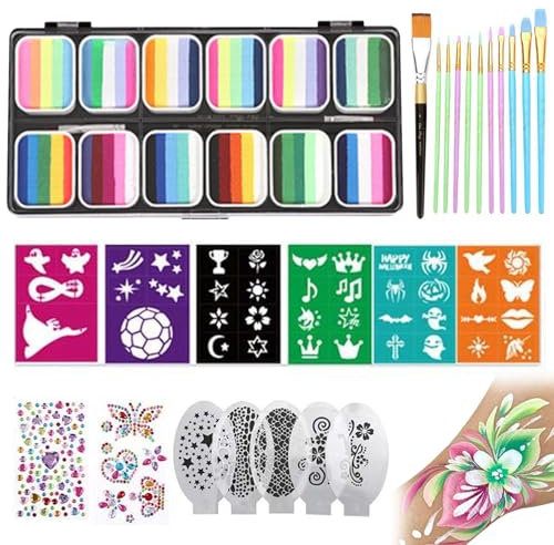 Schminken -Kit, 12 Split Cake Palette Gesichtsfarbe Make -up -Kit mit Schablonenbürstenaufklebern, Regenbogen ohne giftige Gesichtsfarbe Körperfarbe für Kinder Erwachsene, Halloween, Karneval ..