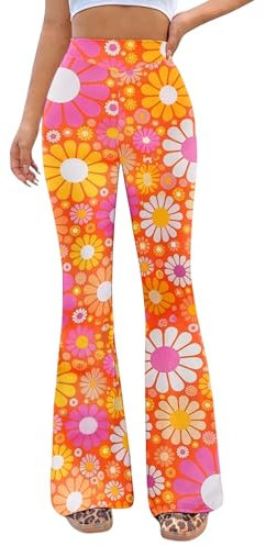 EVELUST 70er Jahre Blumenmuster Schlaghose - Damen Hippie Bunte Hosen Retro Disco Party Leggings Festival Rave Outfit Karneval Abba Kostüm 70s Faschingshose(DaisyOrange,M,10502w)