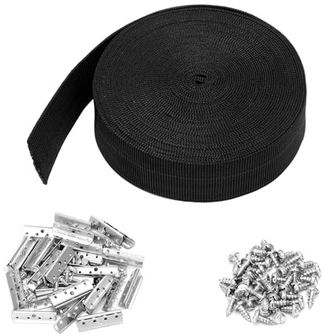 Threehoney 2 Inch Wide x 40 ft Chair Webbing Replacement Kit Upholstery Webbing Elastic Band to Repair Sagging Couch Chair Patio Furniture Metal Clips Patio Strap Repair Kit for Furniture(Black)