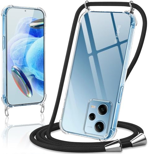 Coiwxmoi Funda con Cuerda para Xiaomi Redmi Note 12 Pro 5G 6,67,Carcasa Transparente Suave Silicona TPU Case con Ajustable Colgante Collar Correa de Cuello Cadena Cordón Protección Cover, Negro