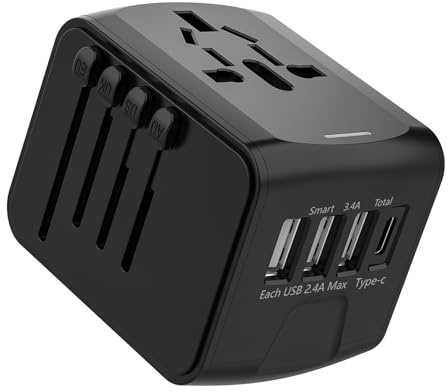 Adaptador Enchufe Universal Cargador Viaje para más de 170 Países con 3 USB A y 1 USB C, para USA, UK, Europa, Asia y Australia, Universal Travel Adapter, Negro