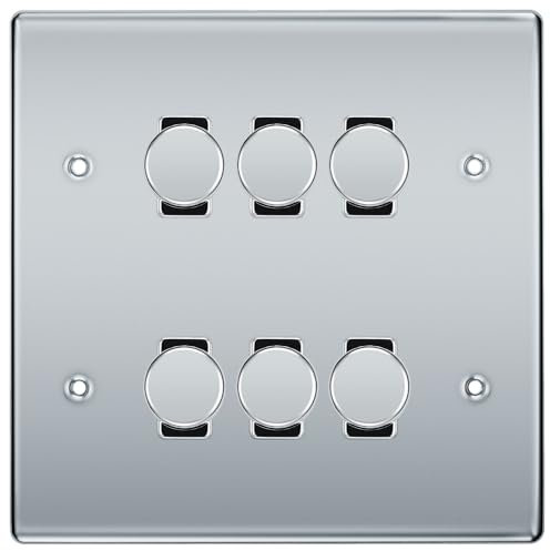 BG Polished Chrome 6 Gang 2 Way Trailing Edge Dimmer LED Custom Grid Switch