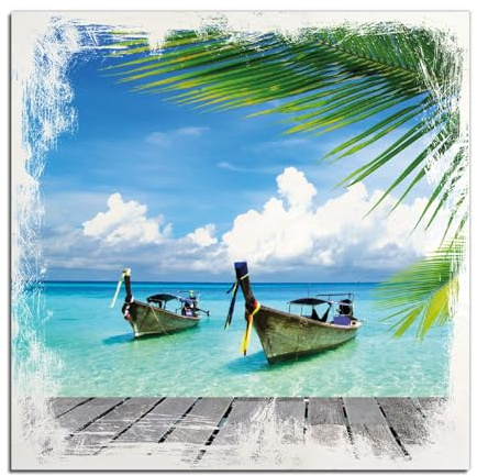 Wallario Wandbild aus Holz Sonnenboot in der Karibik - 50 x 50 cm in Premium-Qualität: Brillante Farben