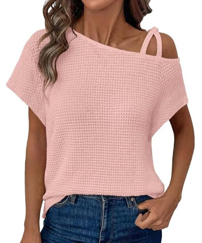 Camicia estiva da donna, elegante, senza spalline, tinta unita, a maglia, leggera, casual, a tunica, in cotone, rosa chiaro, M
