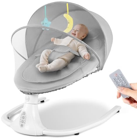 Electric Baby Bouncer Chair, Baby Swing Chair with Bluetooth, Remote Control, Mosquito Net, Removable Seat Cushion, 4 Speeds & 4 Timers, Swing from Birth for 6 Months (Grey)