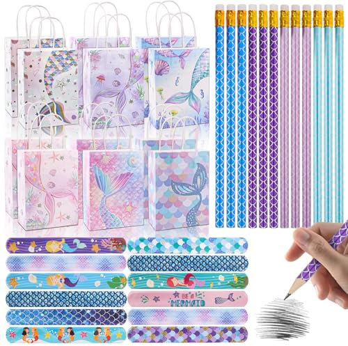 Ezydka Meerjungfrau Mitgebsel Kindergeburtstag Pinata Party Give Away Gastgeschenk 12 Bleistift 12 Meerjungfrauen Geschenktüte 12 Schnapparmband für Geburstag Party Geschenke Mädchen