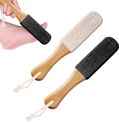 2PCS Foot File, Premium Foot Pumice Stone for Feet with Wooden Handle, Double Sided Foot Files for Hard Skin, Remover to Exfoliate and Remove Dry Dead Skin Eliminates Corns and Calluses