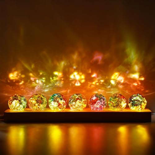 kanpura Set of 7 Crystal Balls Night Light Decor Healing Spheres with LED Wooden Stand for Meditation Energy Balancing Home Office Decoration for Women/Mom