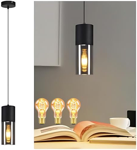 Lichtmaler Pendelleuchte 1 Flammig Pendellampe Esstisch - Hängeleuchte Schwarz E27 Küche Glas Schwarz Metall Hängelampe Industrie Modern für Esstisch Wohnzimmer Schlafzimmer, mit Leuchtmittel