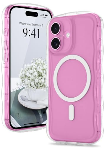Urarssa for iPhone 16 Case, Curly Wave Frame, Clear | Compatible with Magsafe, Cute Wavy Design Case for Women Girls, Translucent Matte Soft TPU Bumper Shockproof Cover