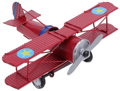 CLISPEED Vintage Wrought Plane Model Red Biplane Toy Airplane for Kids Home Decor Retro Metal Aircraft Ornament