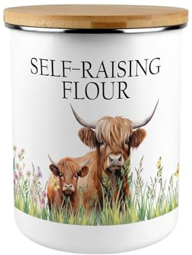 Purely Home Highland Cow & Calf Self-Raising Flour Canister - Countryside Farm Animals Large Enamel Kitchen Pantry Food Storage Container Gift