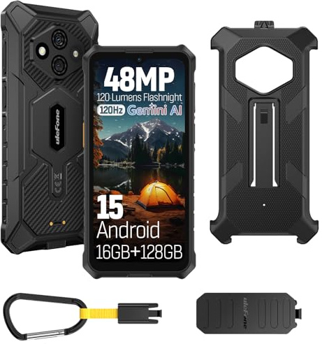 Ulefone RugKing 3 Pro Rugged Smartphone, 128GB/2TB TF, Android 15 Armor Smart Phone, 48MP Waterproof Camera, 6.56 SIM-Free & Unlocked Mobile Phones, 4G 3-Card Slot, 5700mAh Dock Charging, NFC, Black