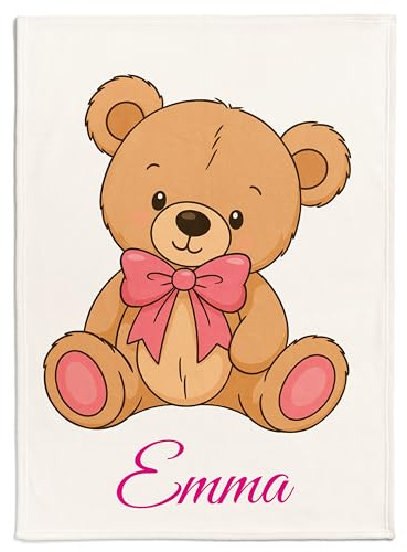 Pictogogo Personalisierte Babydecke mit Namen und Datum - Kuschelige Meilensteindecke aus Minky-Fleece, Ideal als Geburtsgeschenk (Teddy Rosa)
