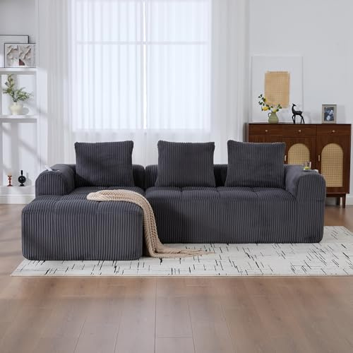 LIFEISLE Großes Cord-Sofa, Modernes Cord-L-Form Sofa mit Seitentasche, Ecksofa mit Getränkehaltern, Keine Installation erforderlich Grau