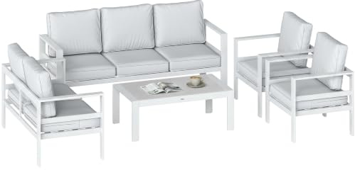 Outsunny 7 Seater Aluminium Garden Furniture Set Olefin Cushions White | Extra Deep Garden Sofa Set, 3 Seater Sofa, Loveseat, 2 Armchairs, Faux Wood Table, Outdoor Conversation Furniture