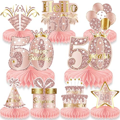 50th Birthday Table Decorations, LMSHOWOWO 9PCS Rose Gold Honeycomb Centerpieces, Cheers to 50 Years Party Centerpieces, 50th Birthday Decorations for Women Girls Party Supplies Favors