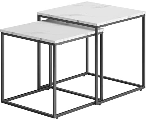 Couchtisch quadratisch 2er Set für Wohnzimmer – Beistelltische im Loft-Design, ineinander schiebbar, Sofatische aus Holzwerkstoff und Stahl, modern, platzsparend (Marmor)