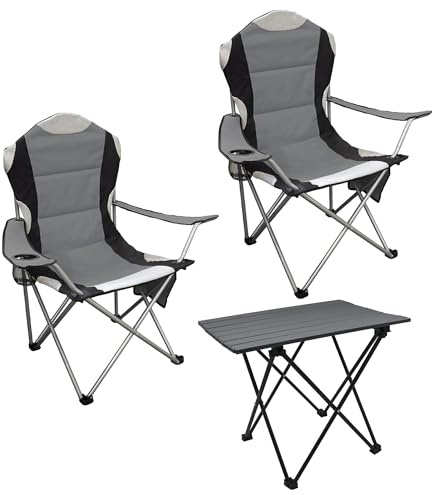 Camping Sitzgruppe 3-teilig mit Aluminium Klapptisch und Tragetasche, | Garten Tischgruppe mit 2 Campingstühlen bis 150kg, anthrazit