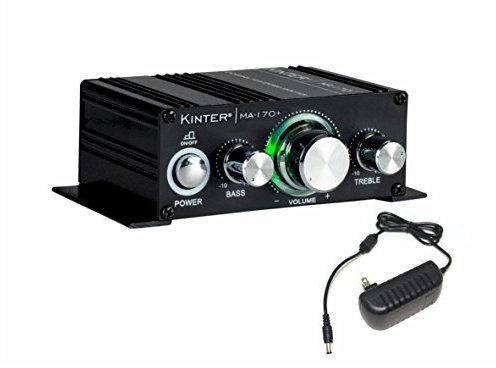 Kinter MA170+ 2-Channel Auto Home Cycle Arcade DIY 2 x 18 W Mini Amplifier Bass Treble RCA Input Audio Mini Amplifier with 12V 3A Power Supply Black