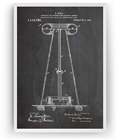 Nikola Tesla 1914 Patent Poster - Vorrichtung zur Übertragung von elektrischer Energie Wissenschaft Art - Rahmen nicht enthalten