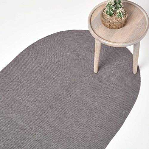 HOMESCAPES Dark Grey Handmade Braided Oval Rug For Bedroom & Living Room Reversible Woven Cotton Large Rug, 110 x 170 cm