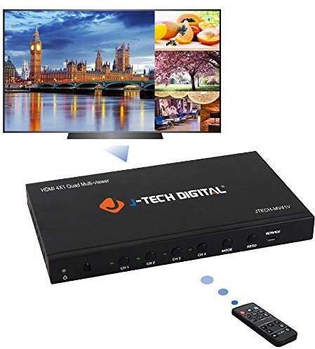 J-Tech Digital 4x1 HDMI Multi-Viewer & Seamless Switcher 1080p | 4 in 1 Out w/ 5 Display Modes, VGA Loop Out, OSD, Quad Viewing [JTECH-MV41V]