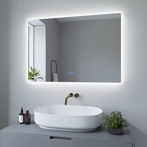 AQUABATOS 100x70 cm Badspiegel mit Beleuchtung Badezimmerspiegel Lichtspiegel LED Wandspiegel Energiesparend. Touch-Schalter Dimmbar + Kaltweiß 6400K + Warmweiß 3000K + Spiegelheizung + IP44 + CE