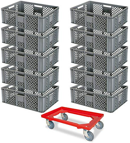 BRB 10 Eurobehälter, LxBxH 600x400x240 mm, lebensmittelecht, grau + 1 Transportroller, rot