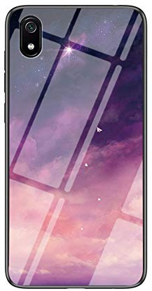 MadBee Coque pour Xiaomi Redmi 7A [avec Film de Protection écran],Coque avec Revêtement Arrière en Verre Trempé avec Motif Ciel étoilé+ TPU Silicone Souple Anti Choc Case Cover (Ciel étoilé Violet)