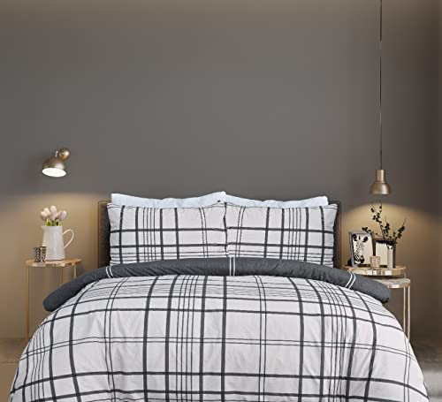 Sleepdown Bettwäsche-Set, 100% Reine Baumwolle, kariert, natürliches Schwarz, wendbar, Bettbezug und Kissenbezug, weich, pflegeleicht, Einzelbett (135 x 200 cm)