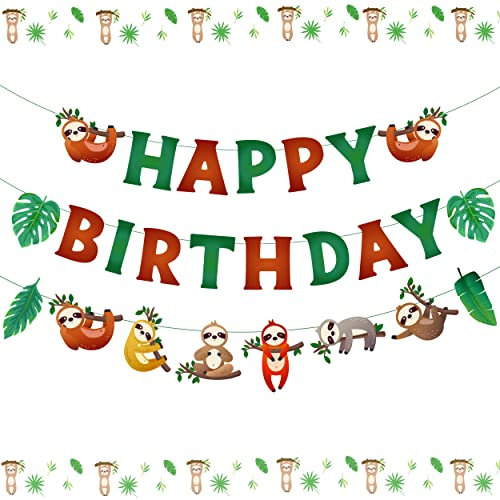 Cheereveal Faultier Happy Birthday Banner, Faultier Geburtstag Party Supplies Baby Shower Dekorationen mit Faultier Girlande Tropische Blätter