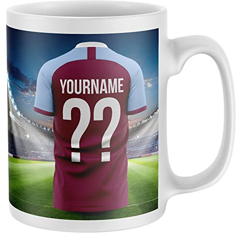 Personalised Football Supporters Mug - Football Kit Shirt Name and Number Coffee Cup, All Teams and Colours. Fan Gift Idea for Mum, Dad, Son, Daughter - One Size, Claret Blue