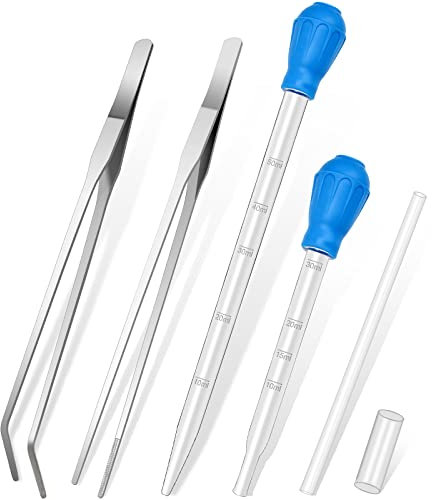 5 in 1 Aquarium Coral Feeder Kit, Luxiv 2 Pcs 60ml and 30ml Aquatic Reef Feeding Dropper with 10in Extender Pipe, 2 Pcs Stainless Steel Straight and Curved Aquarium Tweezers for Feeding Tongs