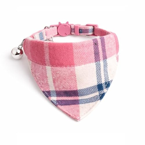 Luxuriöses Katzenhalsband mit Fliege und Glöckchen, sichere Schnellverschluss-Schnalle (rosa und beige Kariertes Bandana)